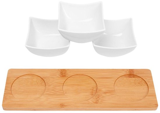 Excellent Houseware - Serveerplank/borrelplank- hapjes/saus/tapas - porselein - incl. 3x schaaltjes