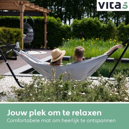 Vita5 Hangmat met Standaard – 2 Persoons – Verstelbare Lengte – Incl. Draagtas – Draaggewicht 205 kg – Grijs