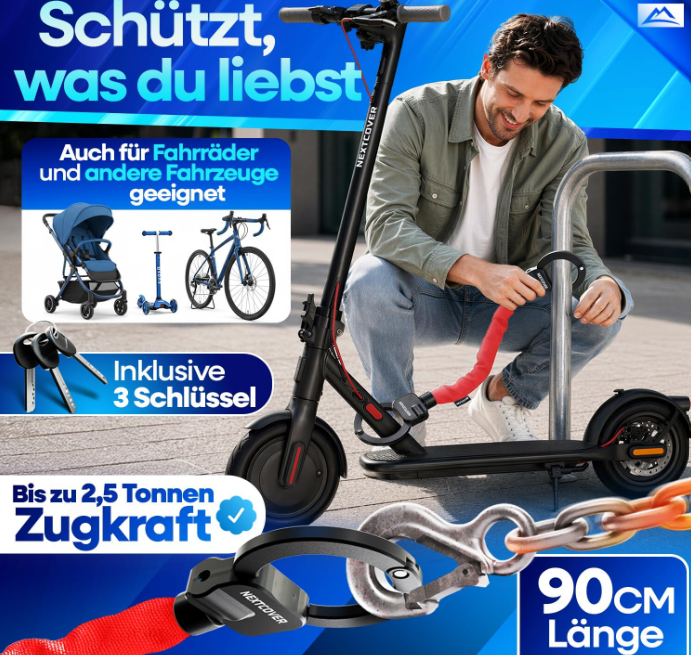 NEXTCOVER E-scooterslot Handboeienmodel - 90 cm - Rood - Gelegeerd Staal - 3 Sleutels