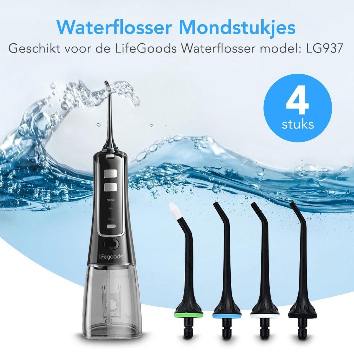 LifeGoods Flos Opzetstuk - 4 Stuks - Voor Flosapparaat - Zwart/Wit/Groen/Blauw