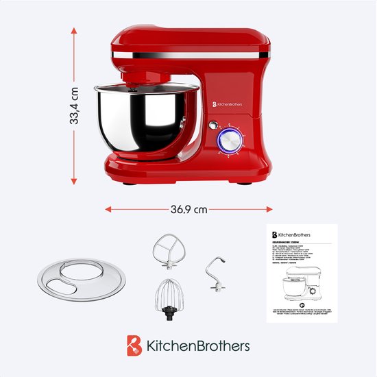 KitchenBrothers - Keukenrobot - 5L - Keukenmixer - 1200W - Rood