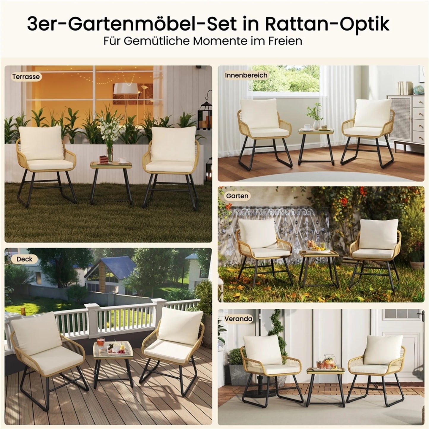 Yaheetech Bistroset Tuinset 3-Delig – 61 x 65 x 76 cm – Voorzien Van Handgeweven PE-Rattan En Glazen Tafelblad En Inclusief Zit- En Sierkussens – Voor Balkon En Terras – Lichtbruin En Metaal