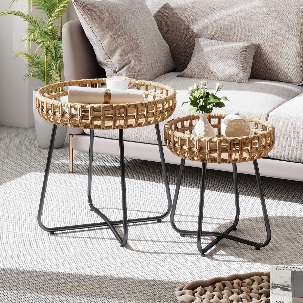 Coast Set van 2 Ronde Salontafels - Handgeweven rotan - Metalen onderstel - Bruin en zwart