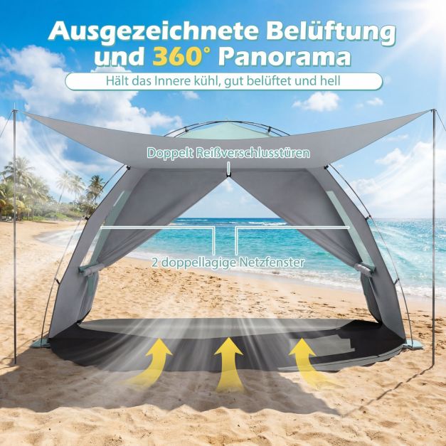 Coast Strandtent 260 × 150 × 160 cm – Beach Shelter met Luifel, UPF 50+ UV-Bescherming, Mesh Ramen & Draagtas – Groen
