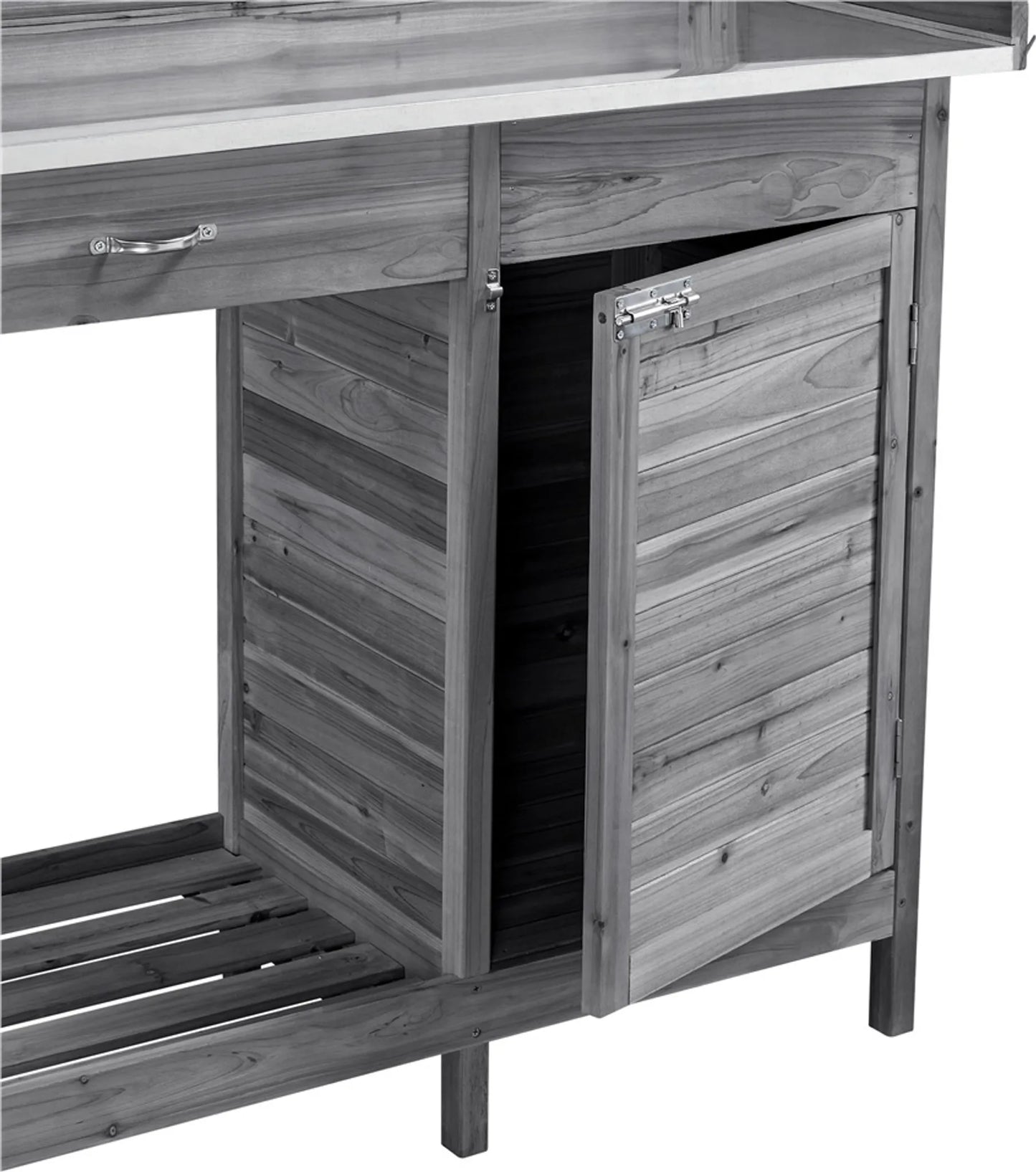Yaheetech Oppottafel Tuintafel – 101 x 46,5 x 125 cm – Gegalvaniseerd Metalen Werkblad - 3 Zijhaken - Verwijderbare Zijpanelen – Grijs Vurenhout - Metaal