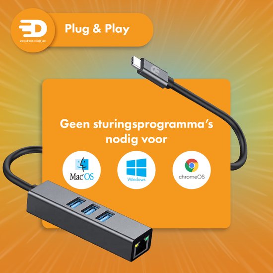 Drivv. USB C naar Ethernet Adapter met 3 USB 3.0 poorten - 100/1000 MBps - Internet Adapter - Netwerkadapter