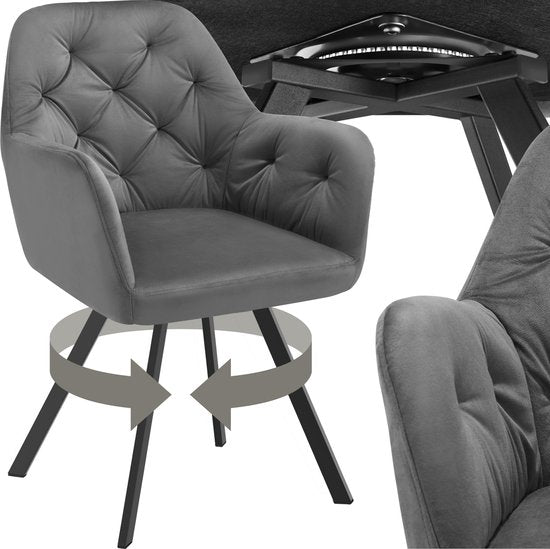 tectake® - Draaistoel in fluweellook - Eetkamerstoel met armleuningen - Ergonomische zitting en rugleuning - 180 graden draaibaar - Moderne stoel met stalen poten - Diverse kleuren - Antraciet