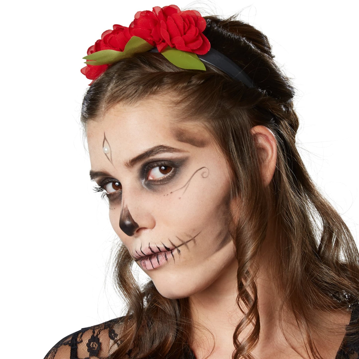 TecTake Halloween Danseres Kostuum Dames - L - Rood – Jurk met Skeletprint, Kant en Haarband