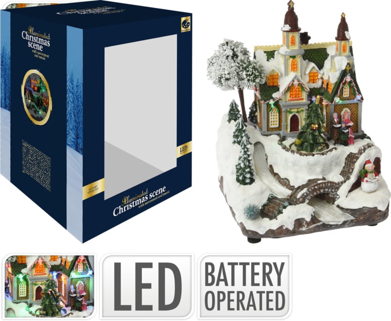 kersttafereel kerk met fiber optic rivier – multicolour – 19 x 18 x 25 cm – ledverlichting, muziek & beweging