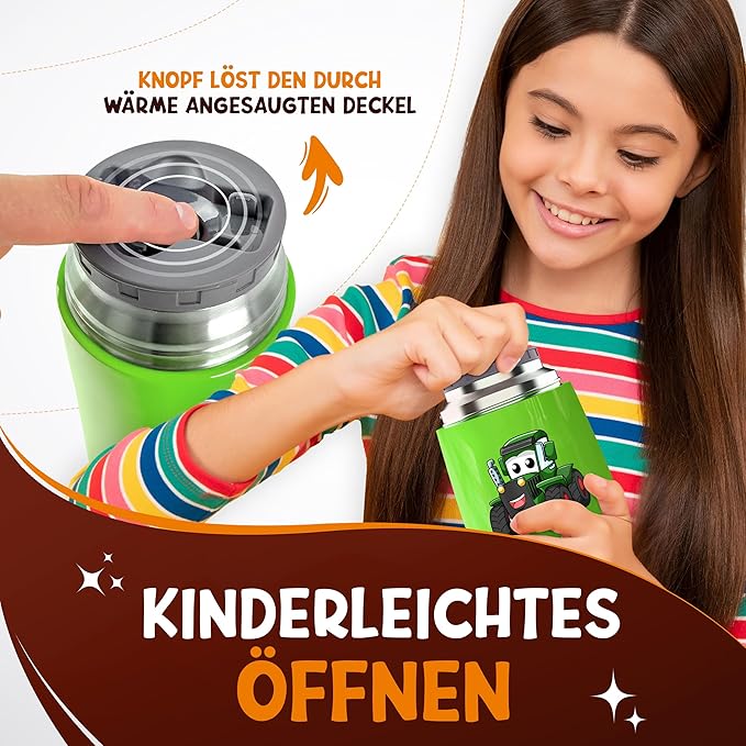 Funkelfuchs® Thermo beker voor kindervoeding - 500ml, groene trekker - 100% lekvrij - roestvrijstalen voedselwarmer - thermo beker voeding - thermo lunch box kinderen - baby voedselwarmer