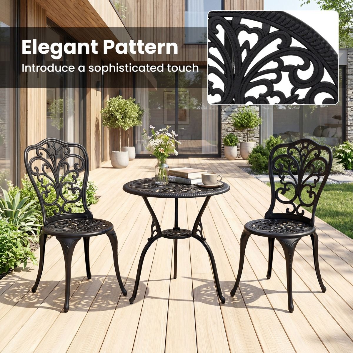 Coast 3-delige bistroset - gegoten aluminium - parasolgat - vlinderrugleuningen - zwart