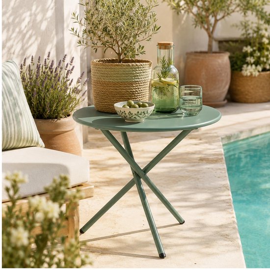 Ambiance Tuin bijzettafeltje - groen - metaal - Dia 48 cm - Hoogte 48 cm - rond - koffietafel
