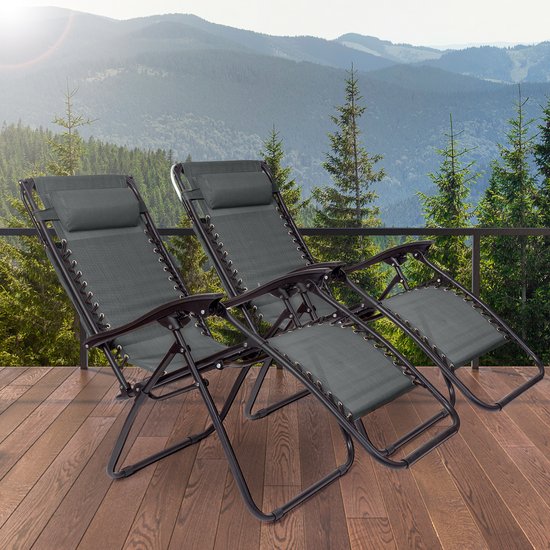 LifeGoods Opvouwbare Tuinstoelen - Verstelbaar Zonnescherm - Ligstoel Tuin - 2 Stuks - 30°-90° Verstelbaar - Metaal - Donkergrijs