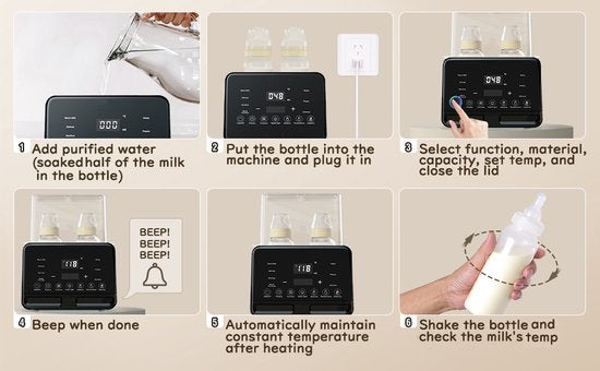 Fuegobird Dubbele Flesverwarming - Digitale Display Temperatuur - Opwarmen van Zuigelingenvoeding/Moedermelk/babyvoedsel - Snel Opwarmen - Stoomsterilisatie - Warmhouden en Ontdooien - Past op 2 Flessen - Zwart wit