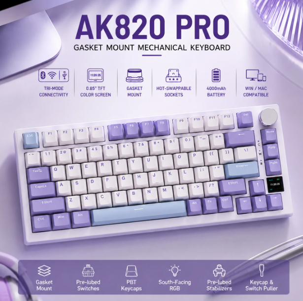 Ajazz AK820 Pro 75% Mechanisch Toetsenbord - Grijs - TFT-Scherm, Tri-Mode, RGB