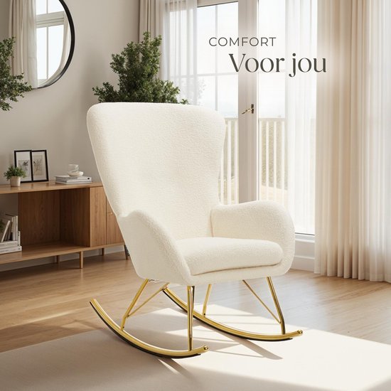 tectake® Swing Schommelstoel – Gestoffeerde Bouclé Fauteuil met Stalen Glijders en Extra Dik Zitkussen – Scandinavisch Design, Onderhoudsvriendelijk en Ergonomisch – creme/goud