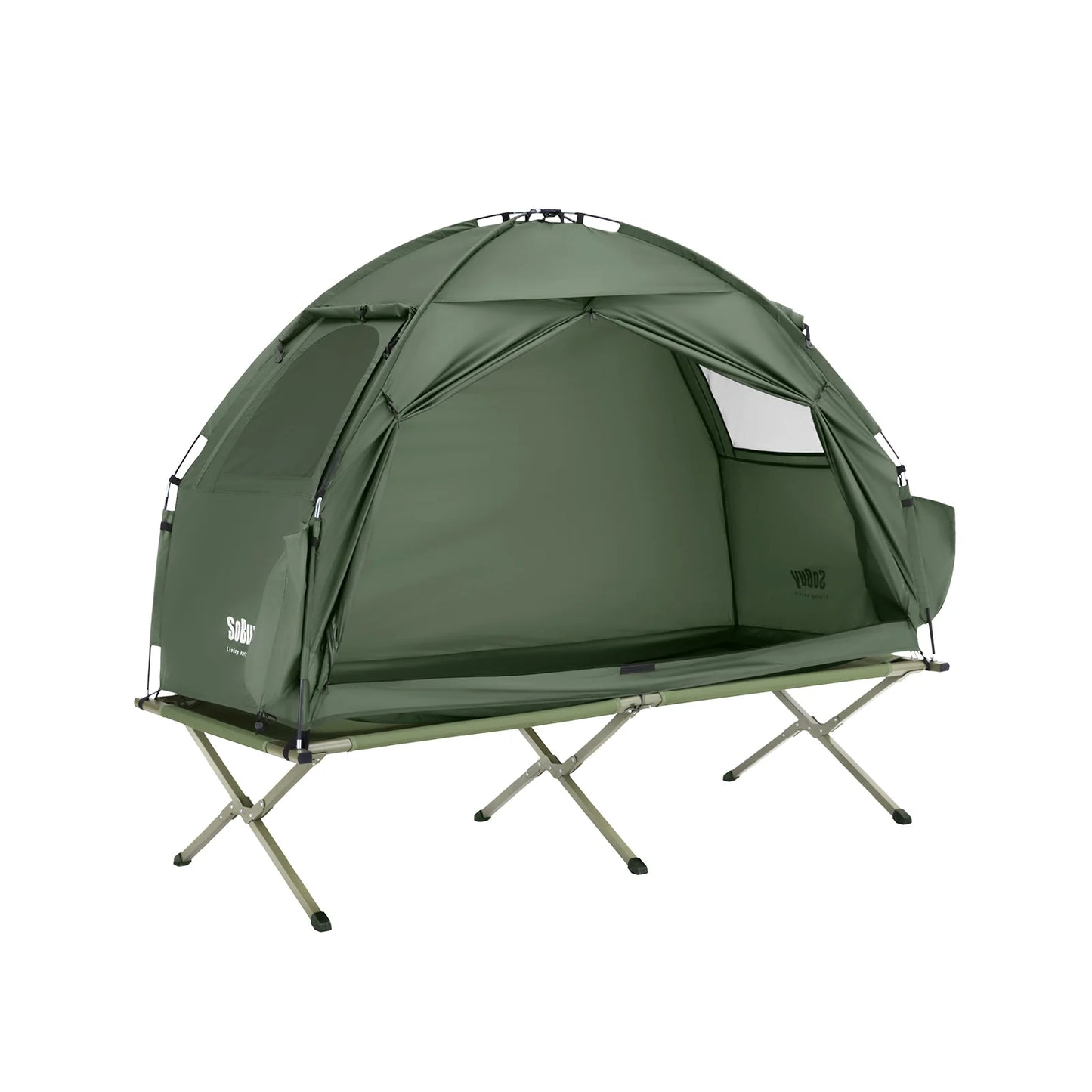 SoBuy OGS32-II-GR Campingtent 1-Persoons Donkergroen – 2-in-1 met Lamphaak en Schoenenopbergvakken 193×161 cm