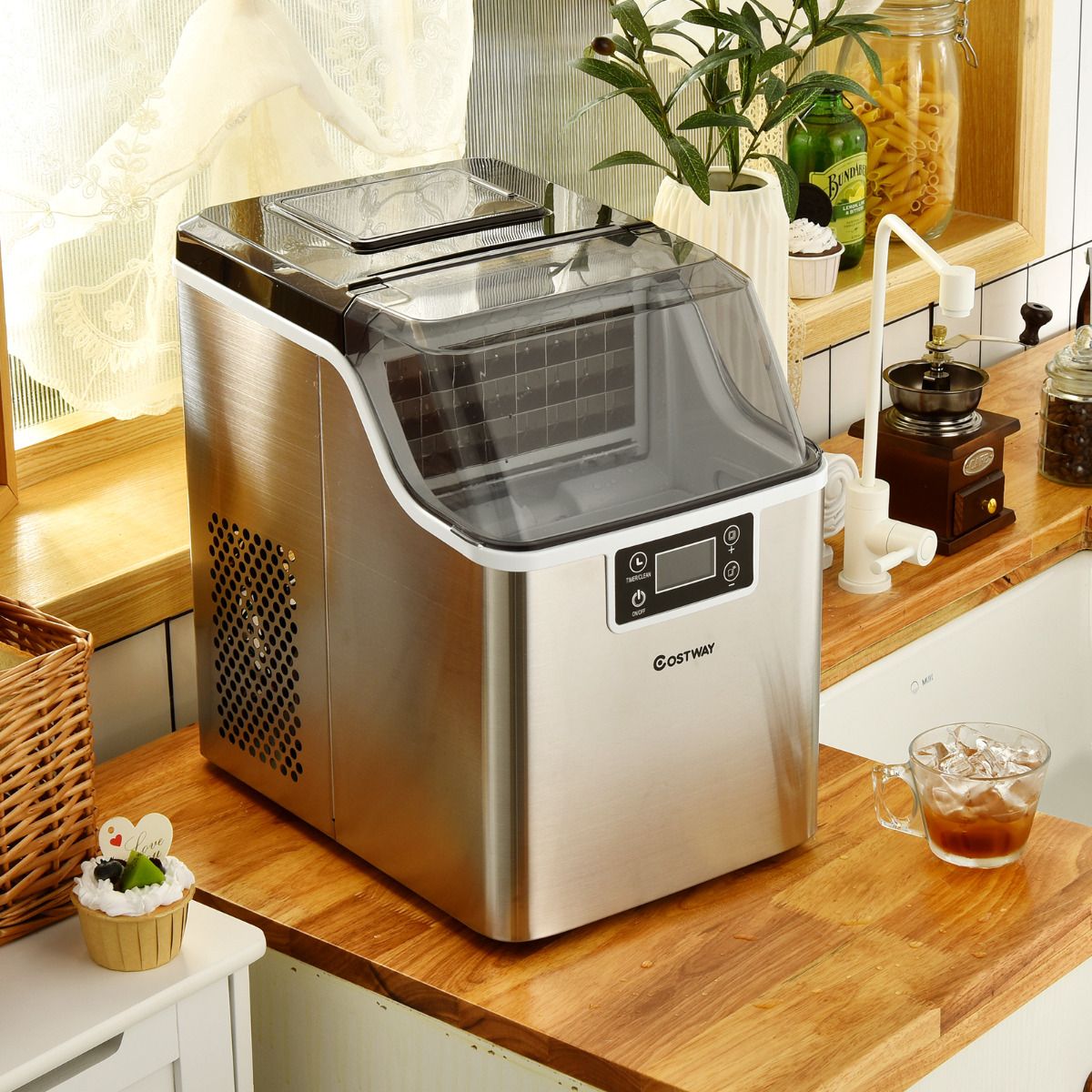 Coast Aanrecht Ijsmaker – 26x36x38 cm – Zilver – Elektrische Ijsmachine met Zelfreiniging, 18KG/24u, 24 Vierkante IJsblokjes per 15 min