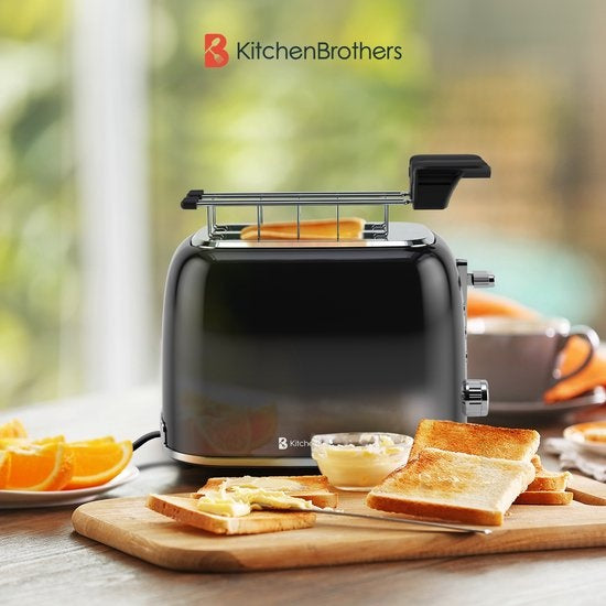 KitchenBrothers Broodrooster met Tostiklemmen - Toaster - 6 Warmteniveaus - Brede Sleuven - Broodrooster - 870W - Zwart