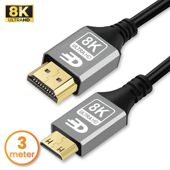 Drivv. Premium Mini HDMI naar HDMI Kabel 2.1 - 8K 60Hz / 4K 120Hz Ultra HD - 3 meter - Grijs - Geschikt voor Camera's, Tablets en Laptops
