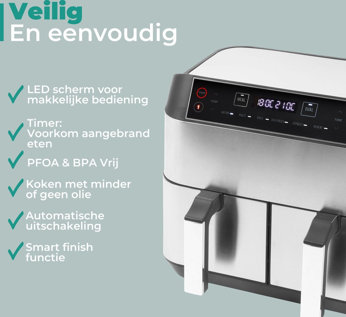 Niceey Dubbele Airfryer XXL - 8L - 2460W - Zilver