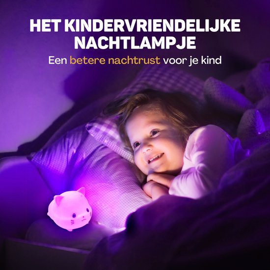 Vulpes Goods® Nachtlampje Kinderen - LED Licht & 8 Kleuren – Nachtlampje Babykamer – Poes – USB-Oplaadbaar – Dimmer – Timer – Draadloos - Kindvriendelijk