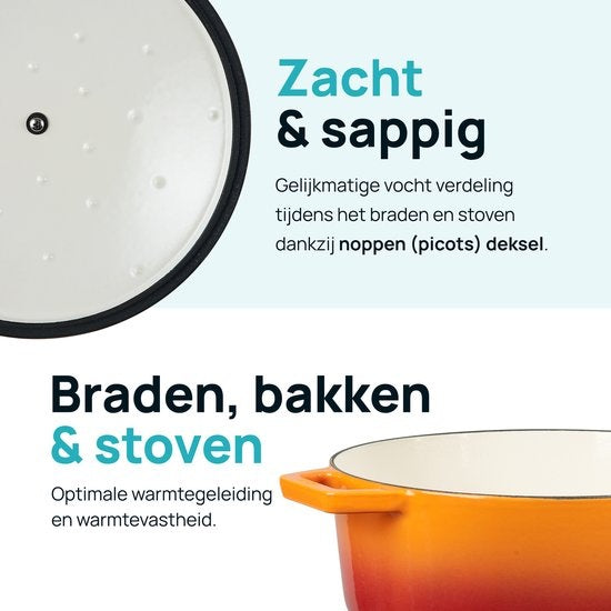 MOA Gietijzeren Braadpan - Inhoud 5,7 liter - 26CM - Rond - Alle warmtebronnen - Ook voor inductie - Gewicht 5,8 kg - C26OR - Oranje/Rood