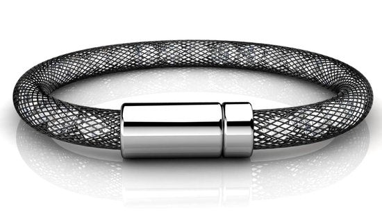 Zwarte Mesh Armband met Kristallen – Dames Armband – Luxe Giftbox – Cadeau