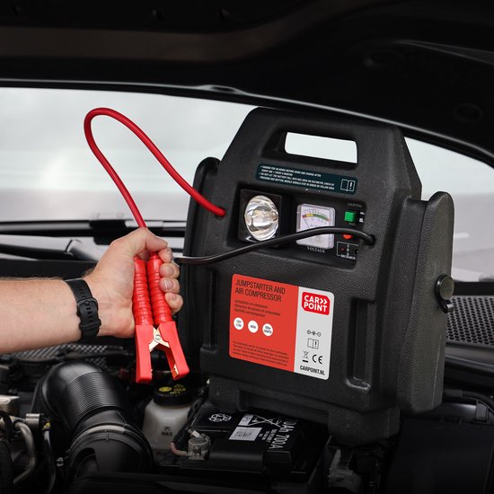 Carpoint Jumpstarter – 12 Volt – Met luchtcompressor - Piekvermogen 400A – Opladen met 230 Volt of 12 Volt adapter – Maximale druk compressor 18 BAR/260 PSI – Ingebouwde LED verlichting – Afmeting 365x345x175mm