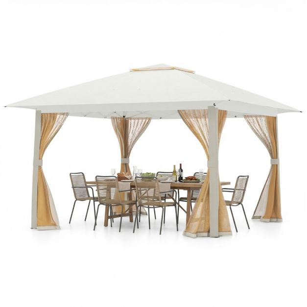 Coast Pop-up Paviljoen 394 x 394 x 277 cm - Gaaszijpanelen - Dubbel Dak - Draagtas - Beige