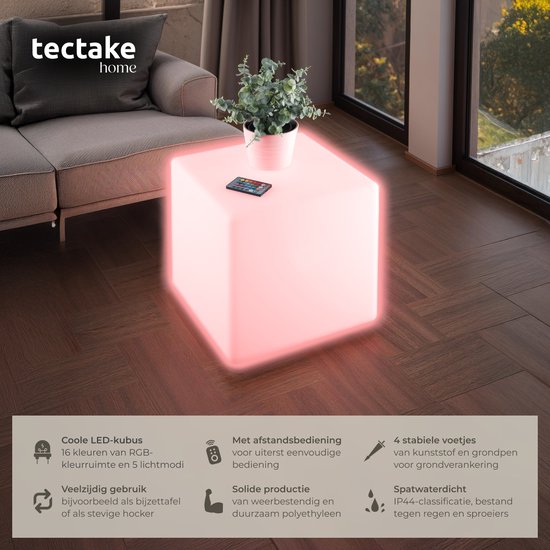 tectake® Luminous Cube - LED Lichtkubus – 16 RGB Kleuren en 5 Lichtmodi -Weerbestendige en Robuuste Tuinverlichting - 35x35x35 cm - Feestversiering - Tuindecoratie - Inclusief Lichtbron en Afstandsbediening