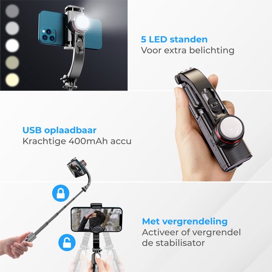 Nuvance - Gimbal Stabilisator voor Smartphone - Selfiestick - met Statief en Afstandsbediening - Tripod