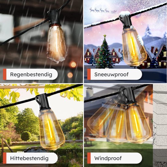 Partizzle 15m LED Lichtsnoer Edison - 25 Lampjes Slinger - Waterdicht Kerst Lichtslinger voor Buiten Terras en Camping - Kerstverlichting / Tuinverlichting - 2700k / Warm Wit
