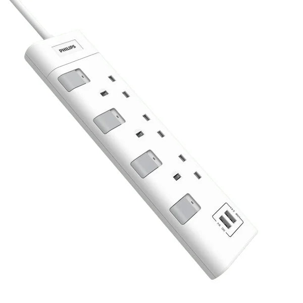 Philips 3-weg Stekkerdoos 230V – 2 Meter Kabel – 3 Stopcontacten – Wit – Veilige Verlengstekker