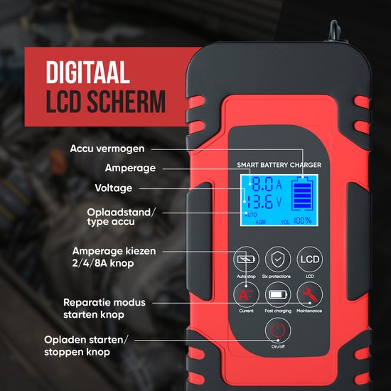Strex Acculader - 12/24V 4/6/8A - Reparatiemodus - Voor Auto / Motor / Scooter / Boot / Camper