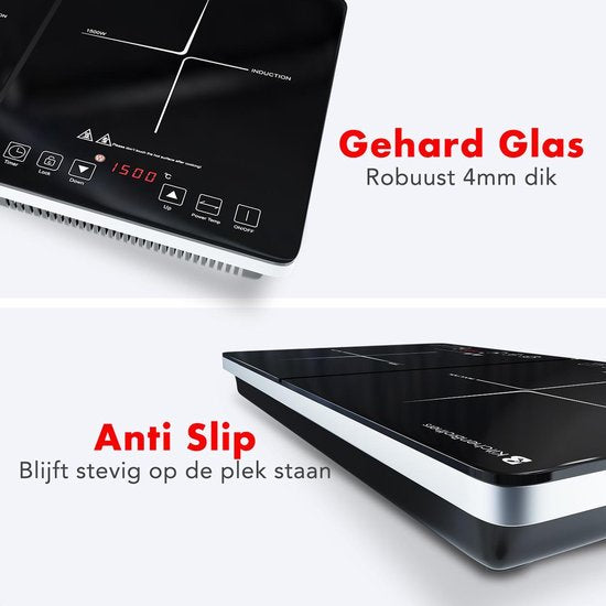 KitchenBrothers Inductie Kookplaat - 2 Pits - Vrijstaand - 1500W + 2000W - RVS