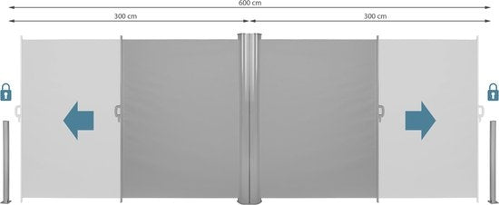 tectake® - Aluminium windscherm uitschuifbaar uitrolbaar zijluifel terrasscherm privacyscherm - dubbel - 200 x 600 cm - grijs - 402337