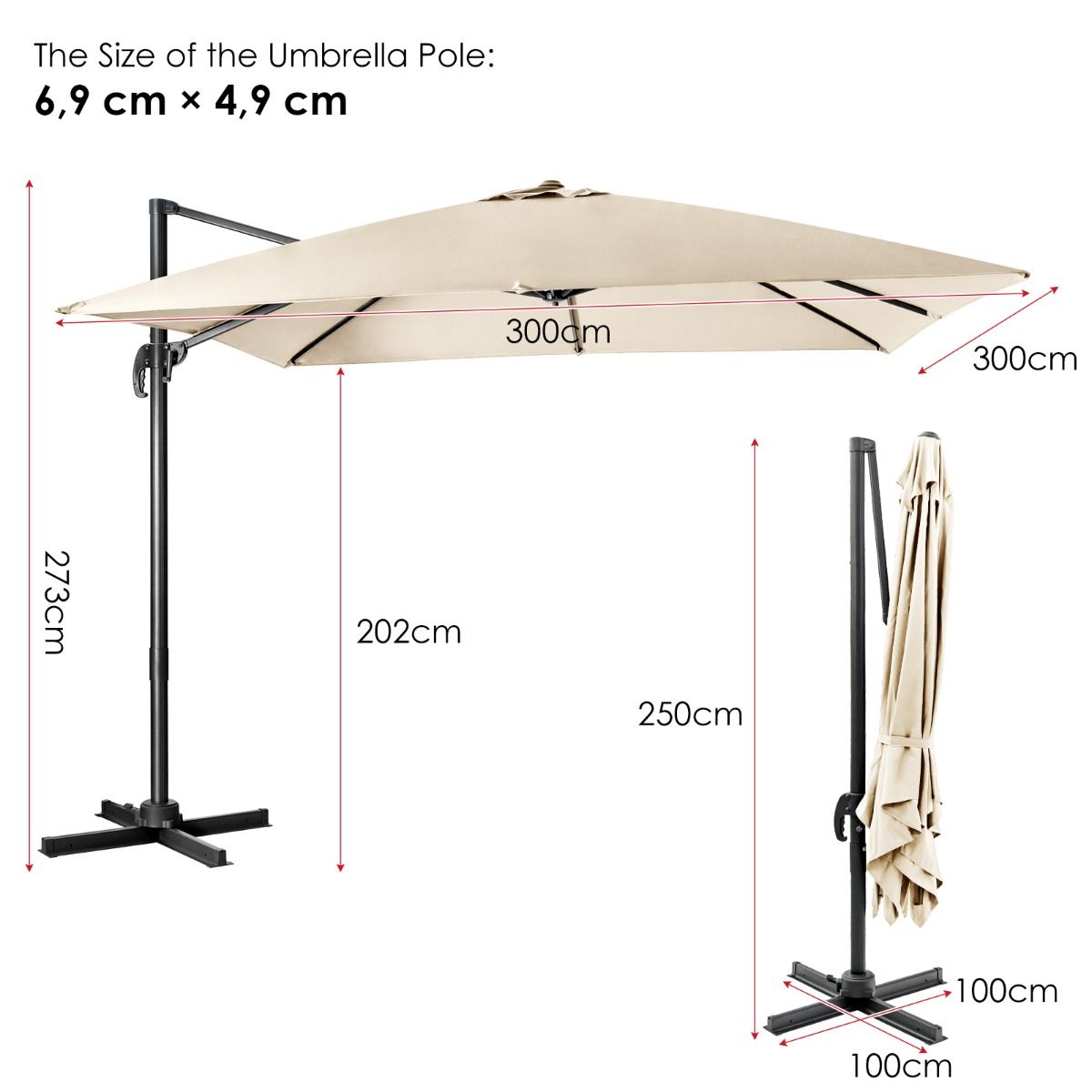 Coast Cantilever Patio Parasol - 3 Kantel Instellingen - 360° Rotatie - 8 Stevige Baleinen - Beige