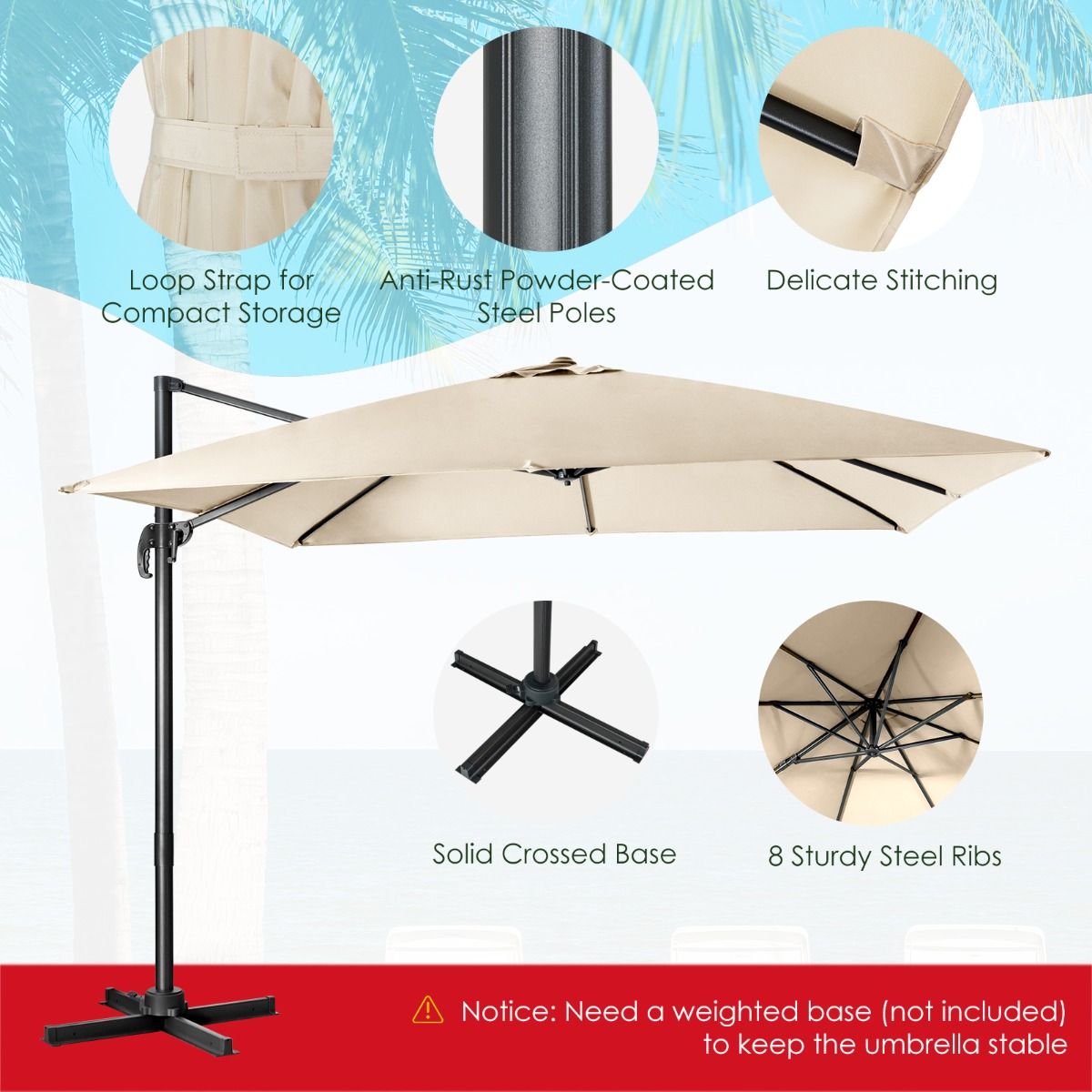 Coast Cantilever Patio Parasol - 3 Kantel Instellingen - 360° Rotatie - 8 Stevige Baleinen - Beige
