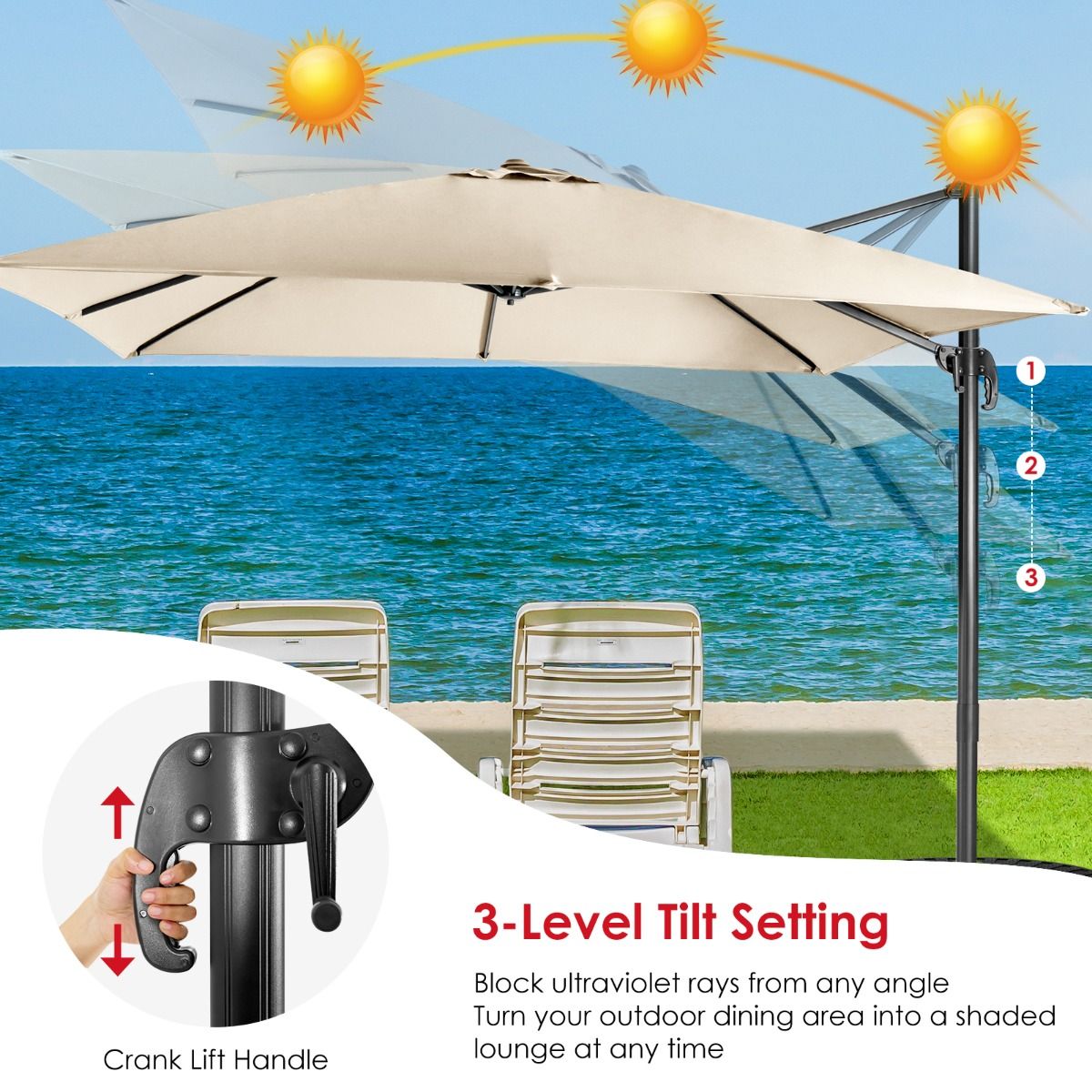 Coast Cantilever Patio Parasol - 3 Kantel Instellingen - 360° Rotatie - 8 Stevige Baleinen - Beige