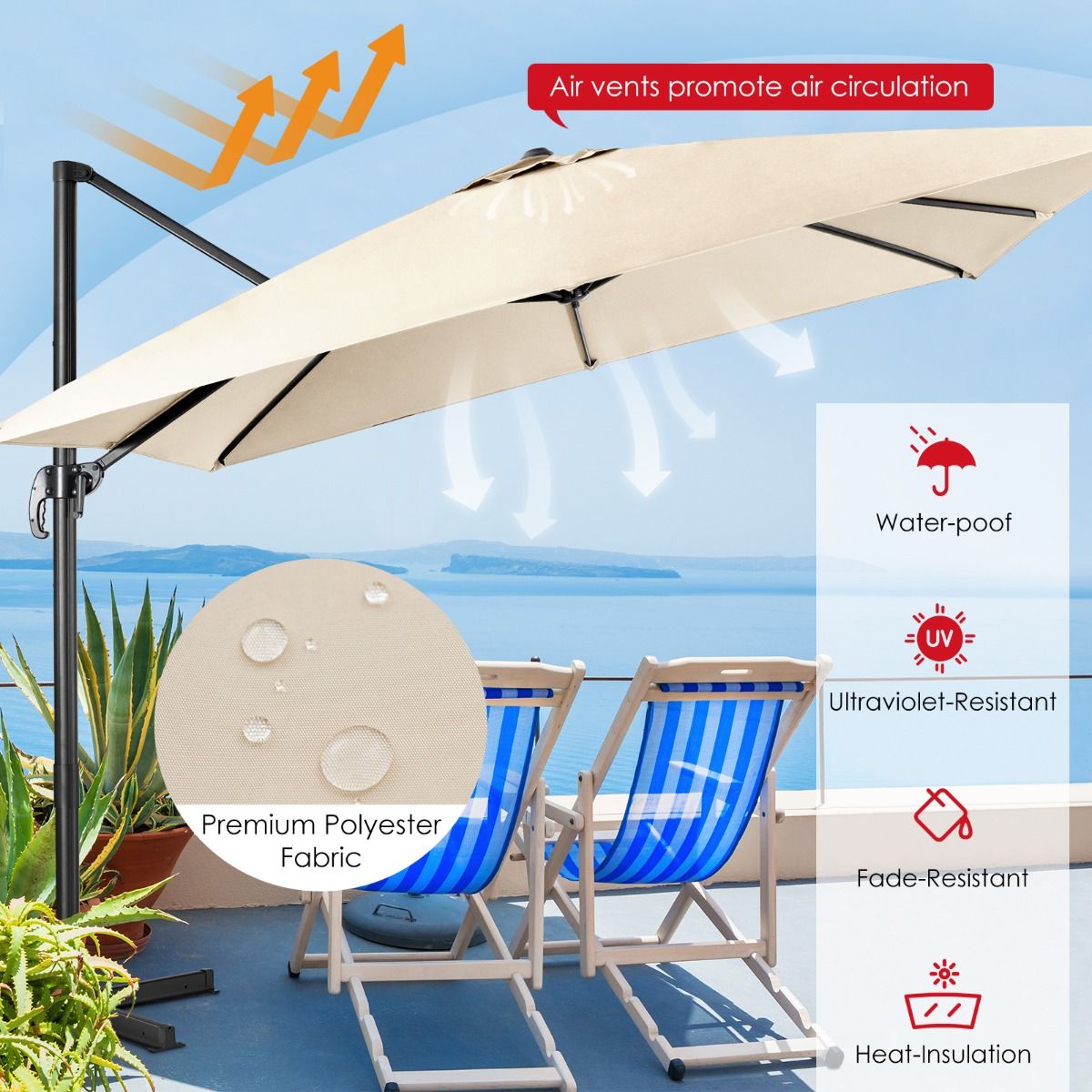 Coast Cantilever Patio Parasol - 3 Kantel Instellingen - 360° Rotatie - 8 Stevige Baleinen - Beige