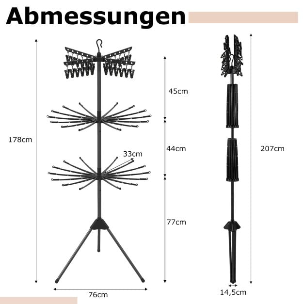 Coast Opvouwbaar Droogrek 3-Laags – Wasrek met 24 Clips en 32 Stangen 76 x 76 x 178 cm – Zwart