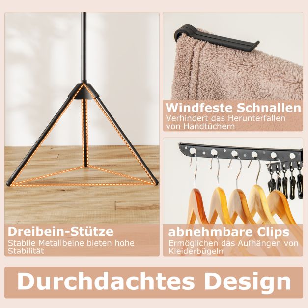 Coast Opvouwbaar Droogrek 3-Laags – Wasrek met 24 Clips en 32 Stangen 76 x 76 x 178 cm – Zwart
