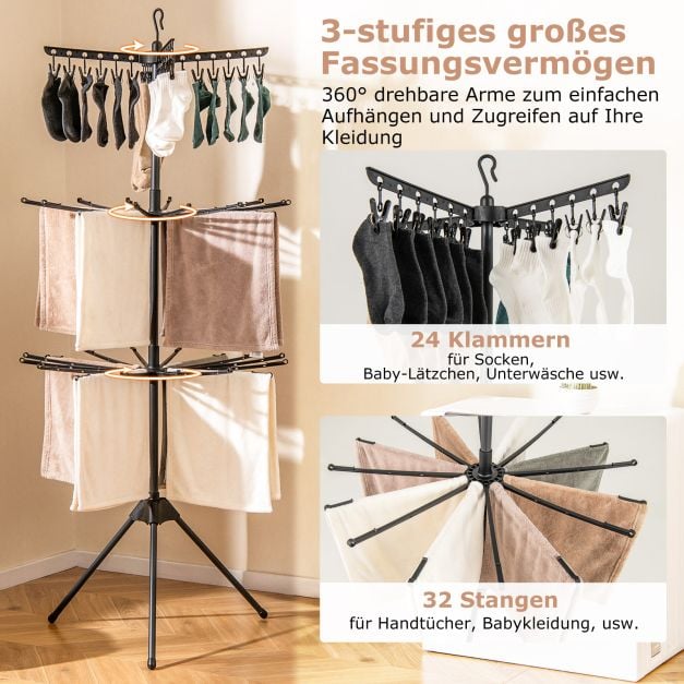 Coast Opvouwbaar Droogrek 3-Laags – Wasrek met 24 Clips en 32 Stangen 76 x 76 x 178 cm – Zwart