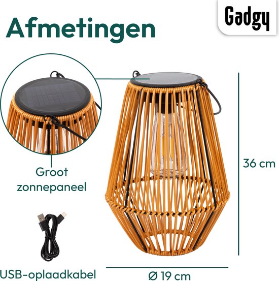 Gadgy Solar Tuinverlichting Rattan Bruin - Tuinverlichting op Zonne Energie - Solar Tafellamp met USB-aansluiting - Buitenlamp Tuinbeeld - Tuinlantaarn met Dag/Nacht Sensor - Verlichting voor Buiten - Lantaarn Tuin