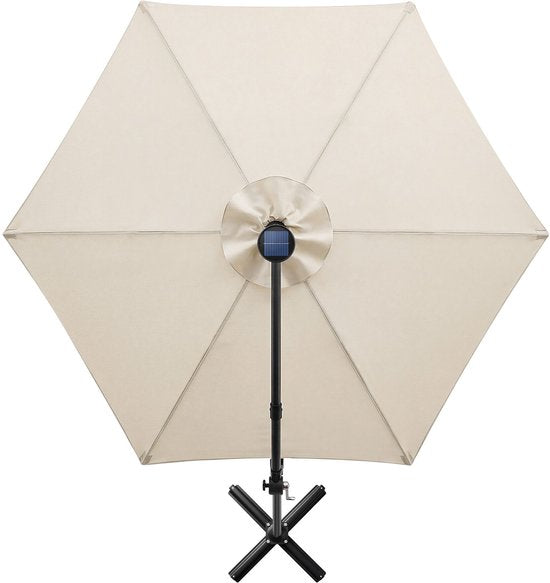 tectake® Zweefparasol met Voet - 3 x 3 m - Tuinparasol met LED-Verlichting op Zonne-Energie - Draaibaar - Waterafstotend Polyester met UV-Bescherming - Inclusief Hoes - Beige