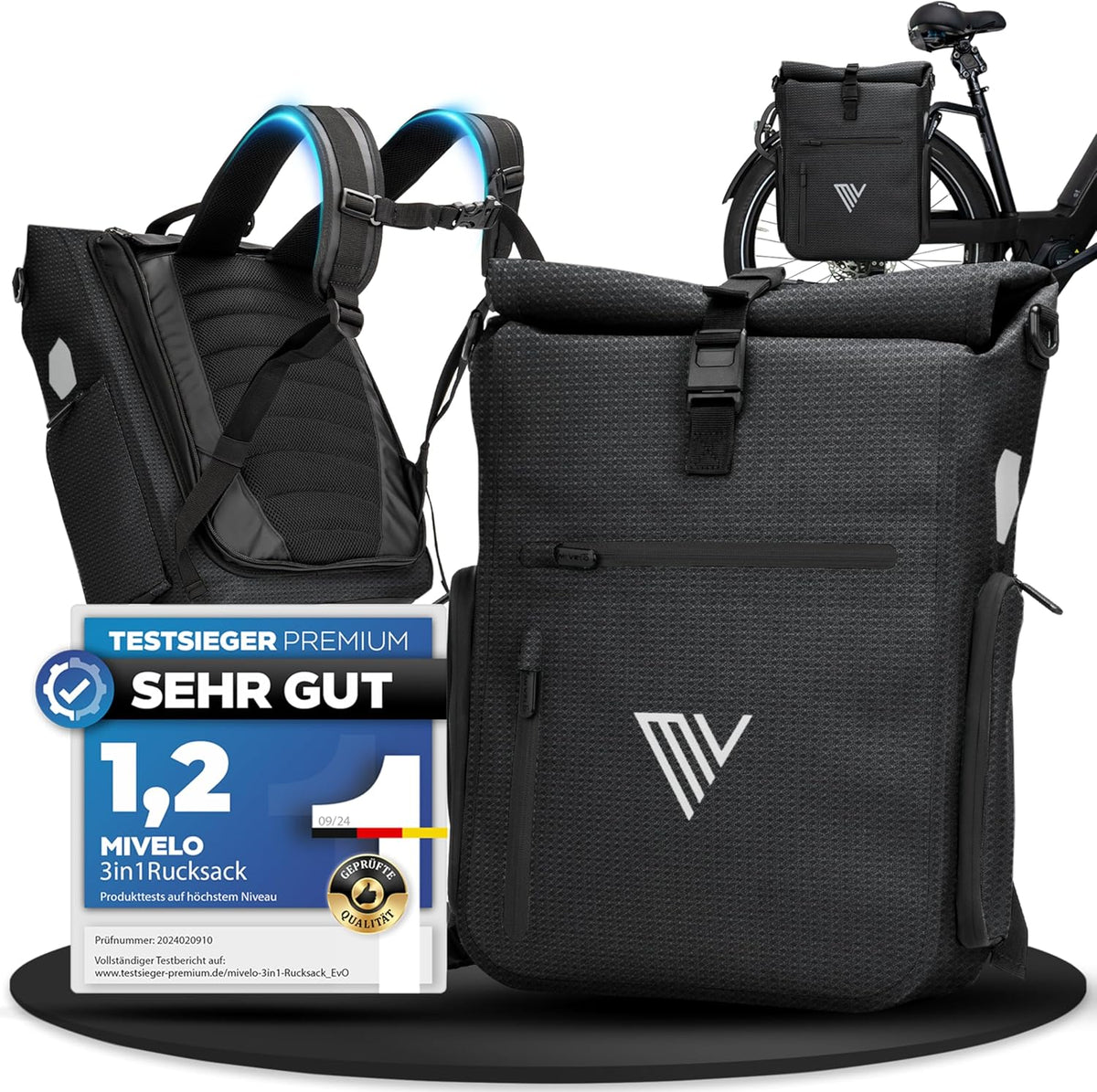 MIVELO 3-in-1 Waterdichte Fietstas, Rugzak en Schoudertas – 25L, Zwart Reflecterend – Met Laptopvak & Snelle Ombouwfunctie