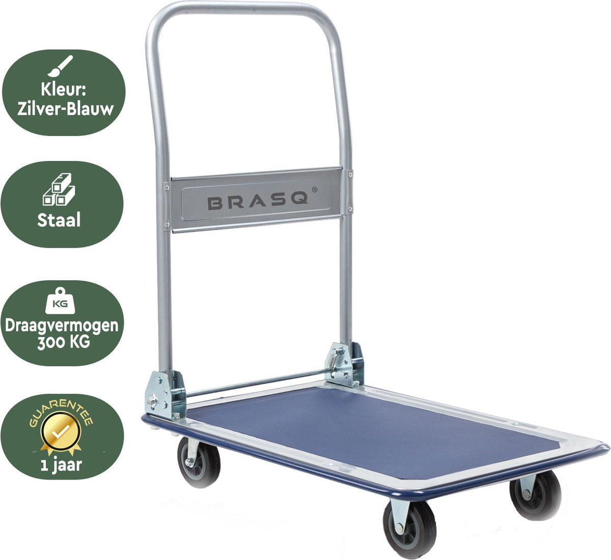 BRASQ Plateauwagen Inklapbaar - Draagvermogen 300 KG - Transportkar - Transportwagen - Magazijnwagen - Platformwagen - Zilver
