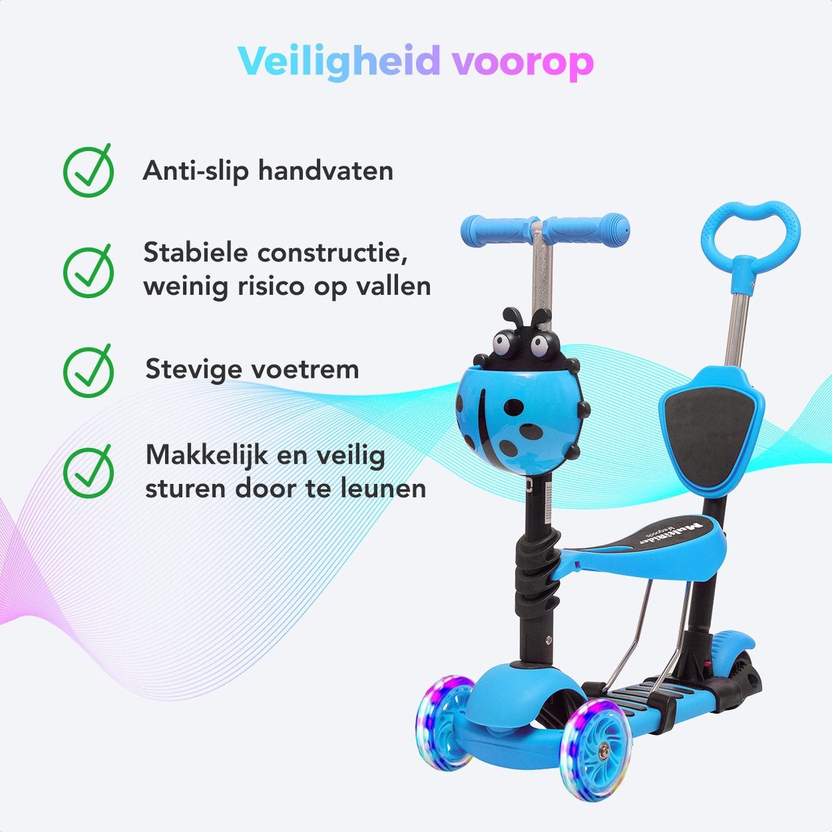 LifeGoods MultiRider - Kinderstep met Duwstang - 3 tot 8 Jaar - Jongens/Meisjes - 2 Lichtgevende Wielen - Blauw