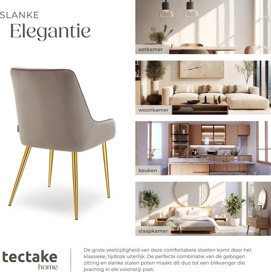 tectake® Eetkamerstoel Avane - Fluweeloptiek - Ergonomische gestoffeerde stoel met gouden stalen poten - Draagkracht 120 kg - Moderne eetkamer- en keukenstoel - Set van 2 - Taupe